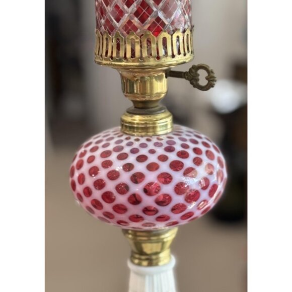 Vintage Cranberry Hobnail Glass Lamp Fenton Style Cut to Clear Shade Milk Glass - Picture 6 of 16